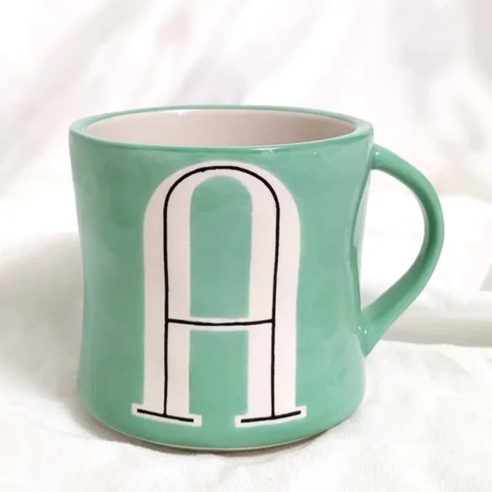 Anthropologie Mint Green Monogram Alphabet Initial “A” Coffee Mug Hand Painted